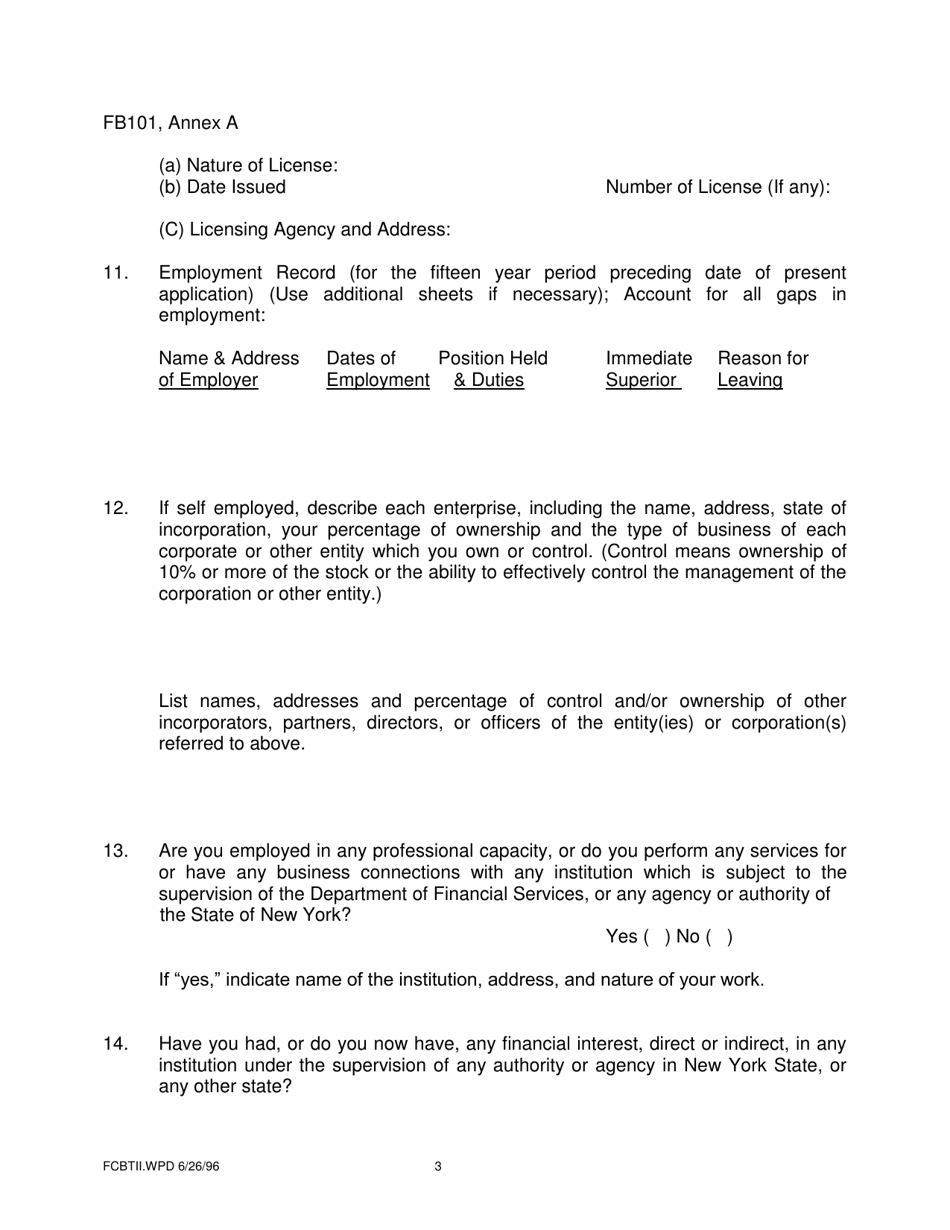 Form FB101 Annex A Personal Questionnaire - New York, Page 3