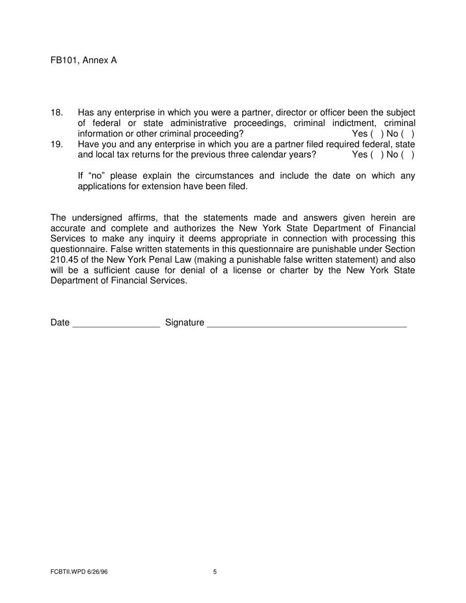 Form FB101 Annex A Personal Questionnaire - New York, Page 5