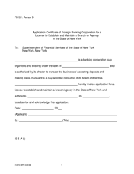 Form FB101 Annex D Application Certificate of Foreign Banking Corporation for a License to Establish and Maintain a Branch or Agency in the State of New York - New York