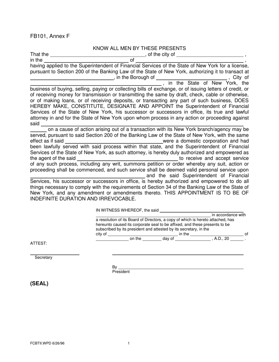 Form FB101 Annex F Appointment of Superintendent of Financial Services as True and Lawful Attorney - New York, Page 1
