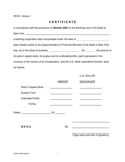 Form FB101 Annex I  Printable Pdf