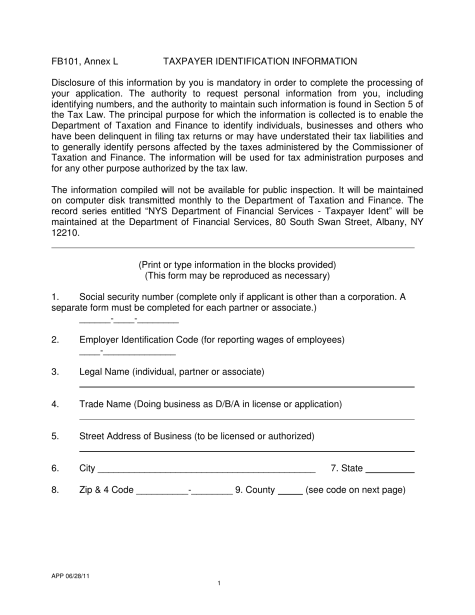 Form FB101 Annex L Taxpayer Identification Information - New York, Page 1