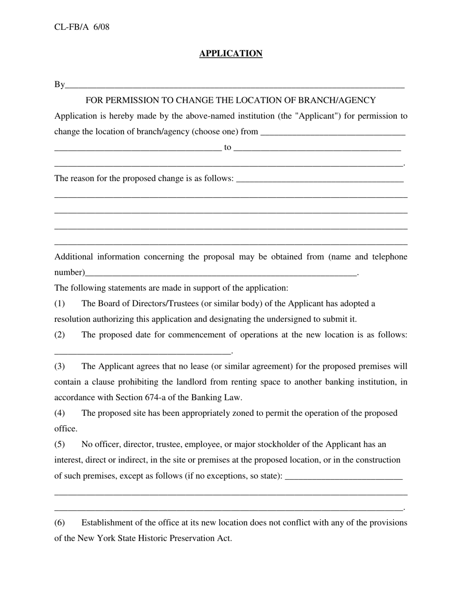Form CL-FB / A Application for Permission to Change the Location of Branch / Agency - New York, Page 1