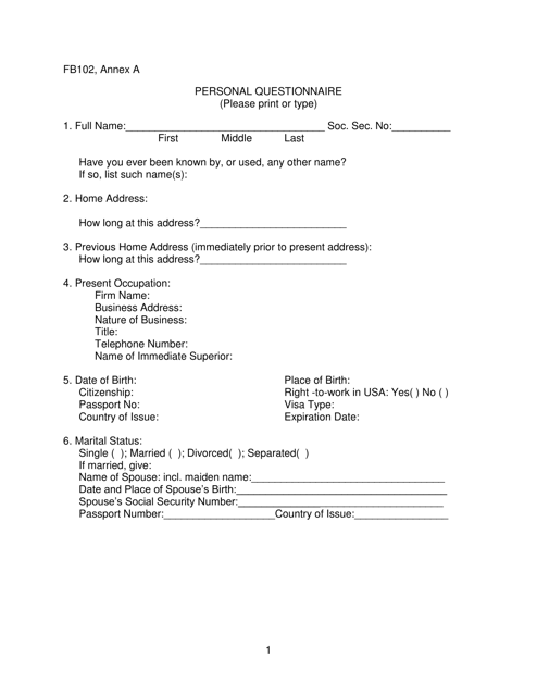 Form FB102 Annex A Personal Questionnaire - New York
