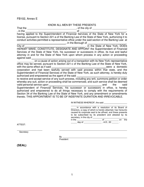 Form FB102 Annex E Appointment of Superintendent of Financial Services as True and Lawful Attorney - New York