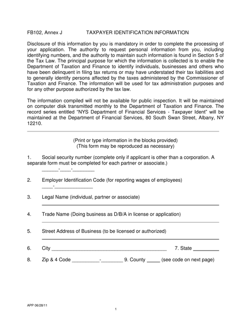 Form FB102 Annex J Taxpayer Identification Information - New York