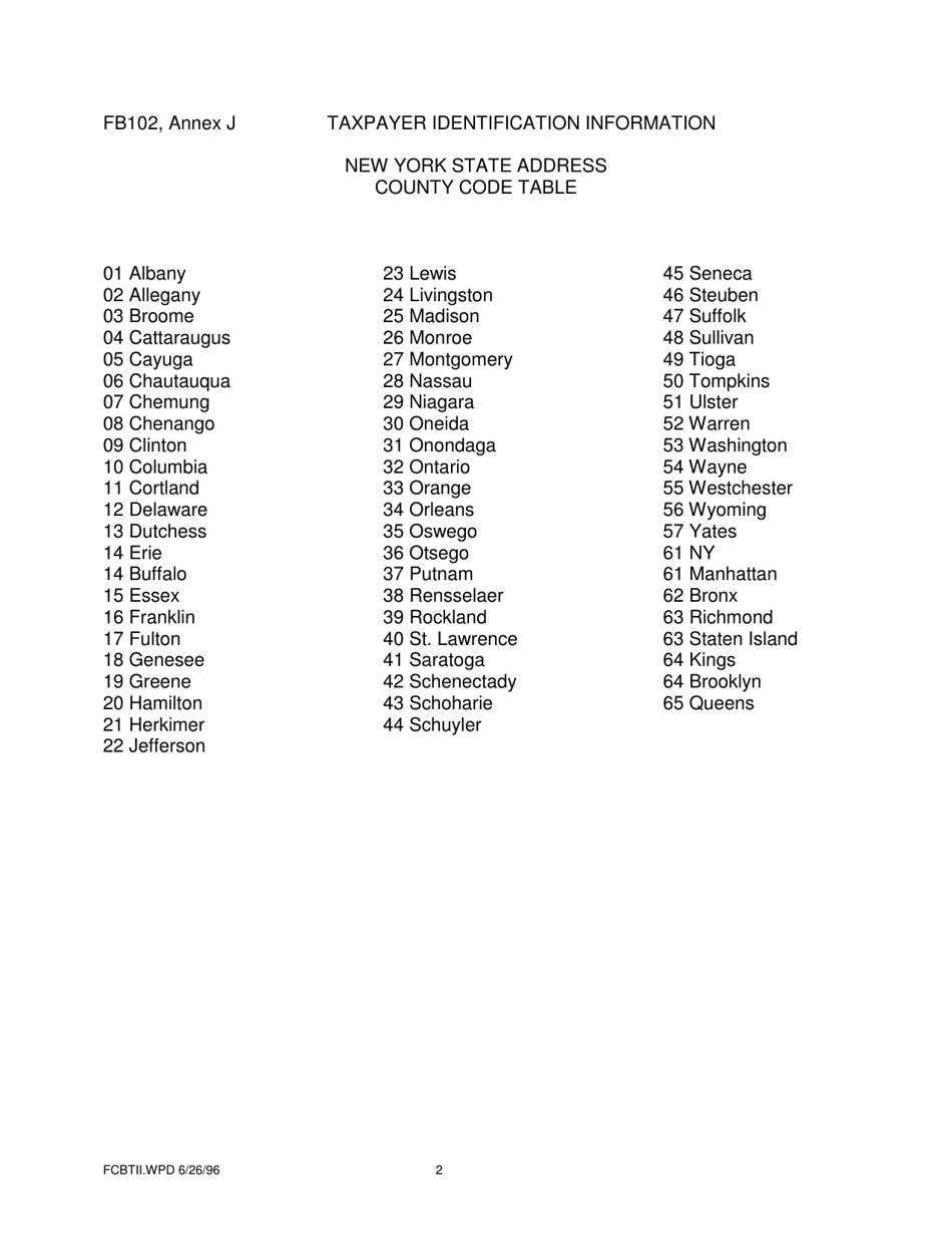 Form FB102 Annex J Taxpayer Identification Information - New York, Page 2