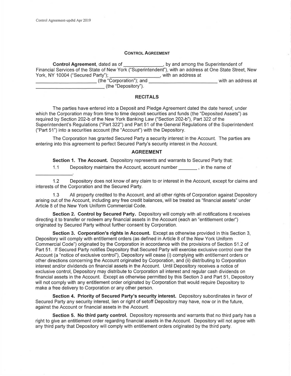 Control Agreement - New York, Page 1