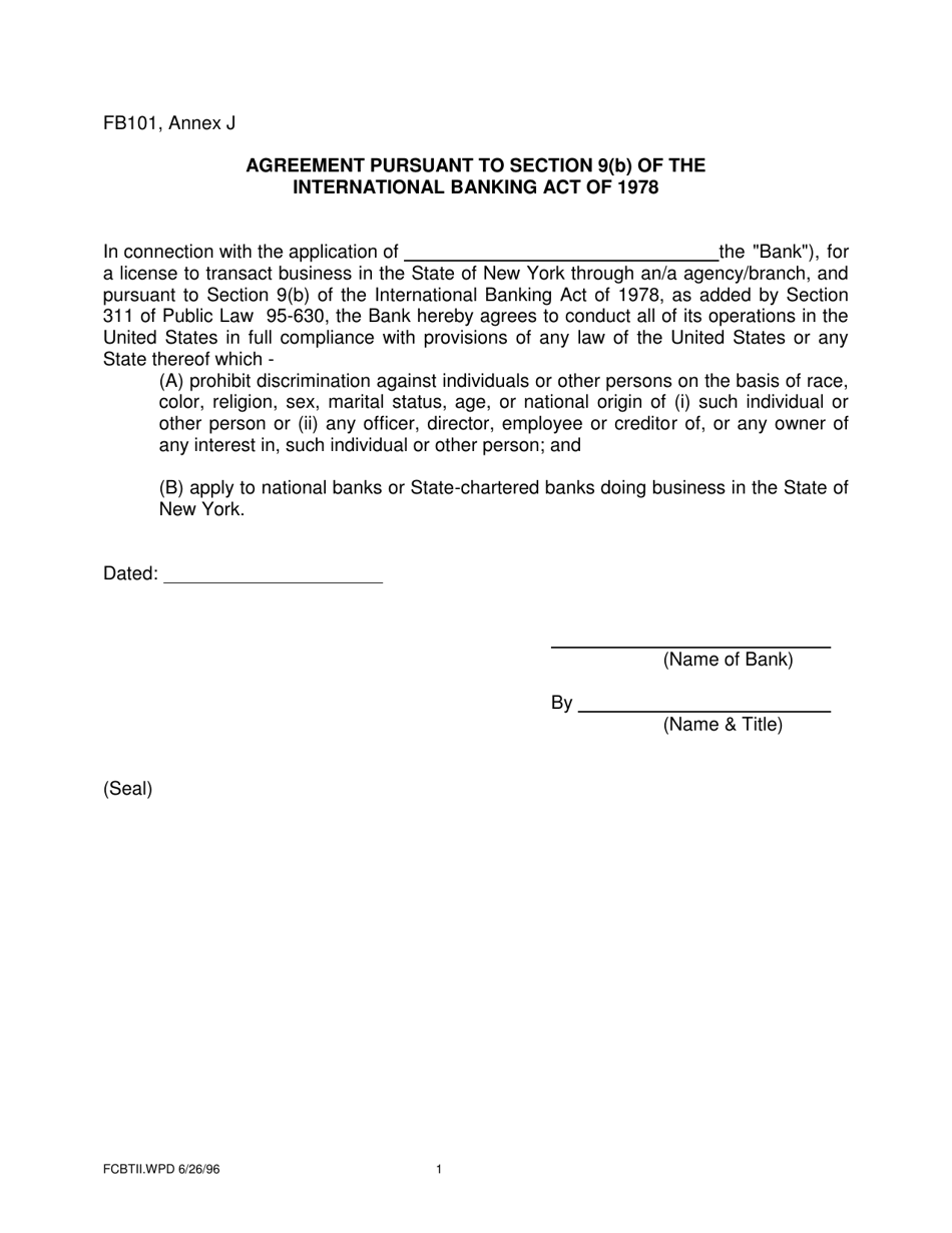 Form FB101 Annex J Agreement Pursuant to Section 9(B) of the International Banking Act of 1978 - New York, Page 1