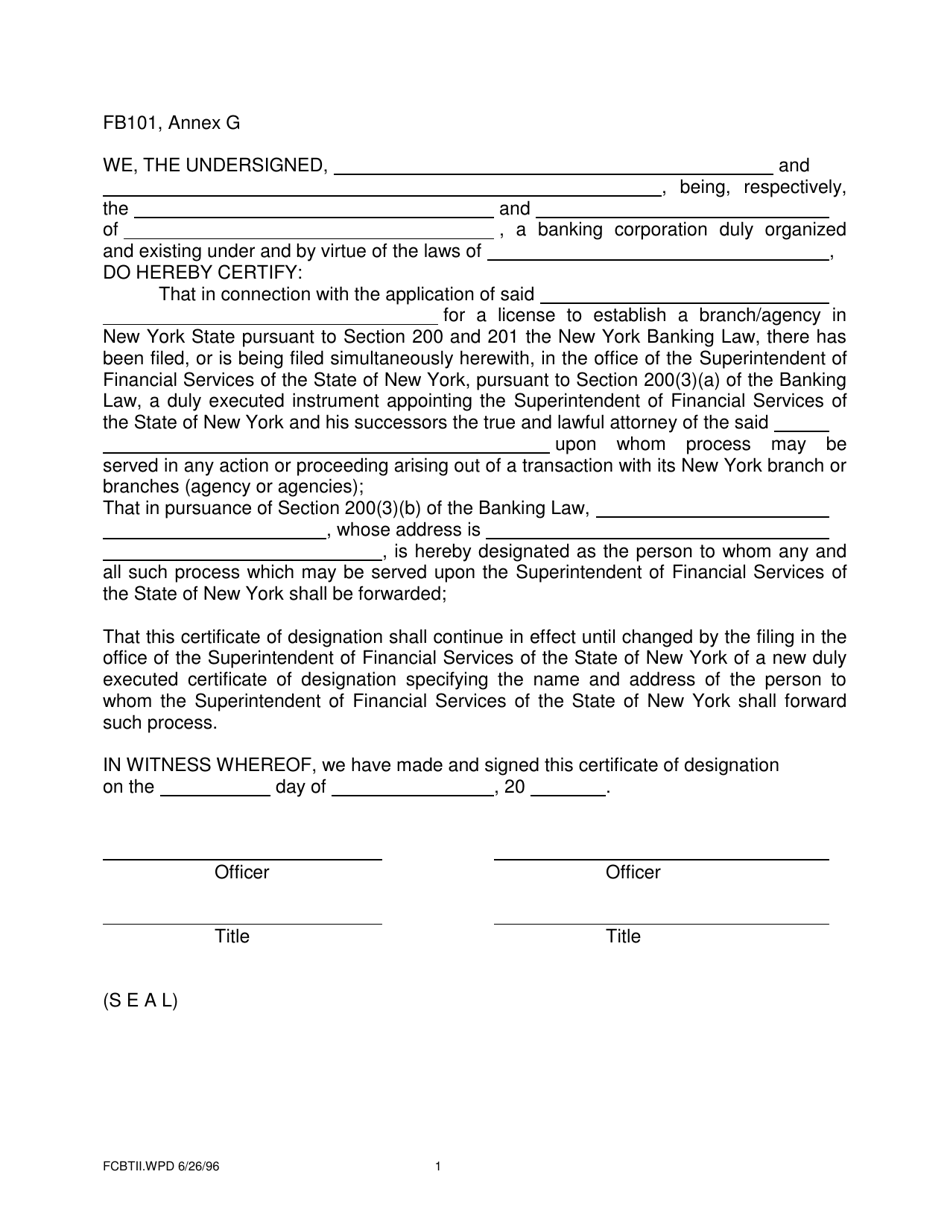 Form FB101 Annex G Designation of Person to Whom Process May Be Forwarded by the Superintendent - New York, Page 1
