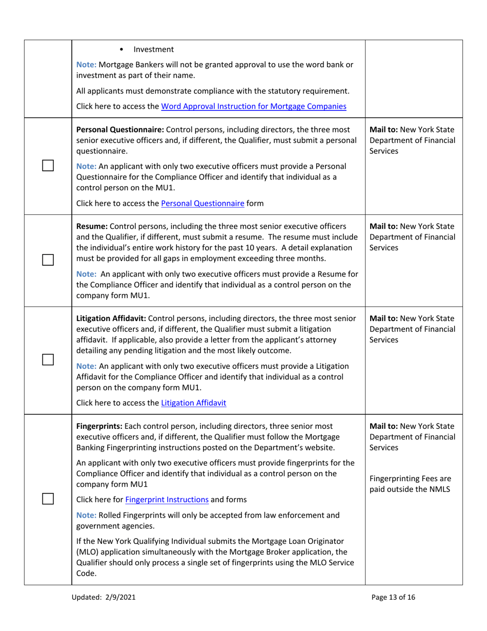 Ny Mortgage Banker License New Application Checklist (Company) - New York, Page 13