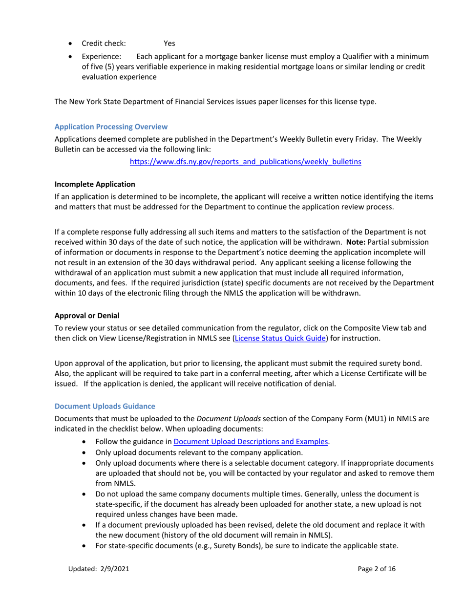 Ny Mortgage Banker License New Application Checklist (Company) - New York, Page 2