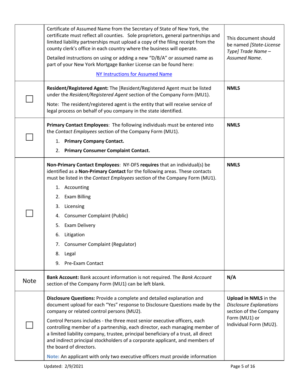 Ny Mortgage Banker License New Application Checklist (Company) - New York, Page 5
