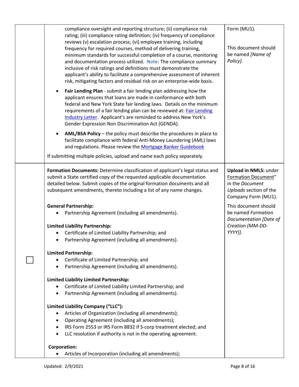 Ny Mortgage Banker License New Application Checklist (Company) - New York, Page 8