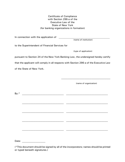 Certificate of Compliance With Section 296-a of the Executive Law of the State of New York (For Banking Organizations in Formation) - New York Download Pdf