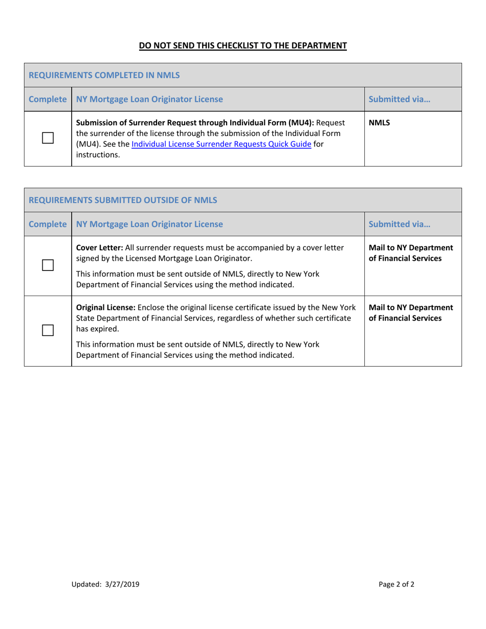 New York Ny Mortgage Loan Originator License Surrender Checklist
