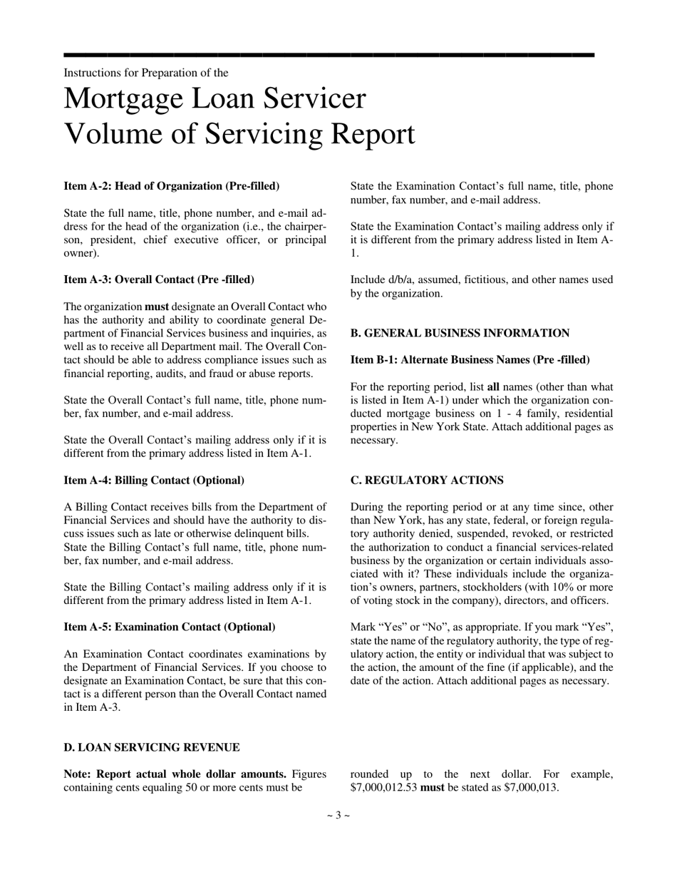Instructions for Mortgage Loan Servicer Volume of Servicing Report - New York, Page 3