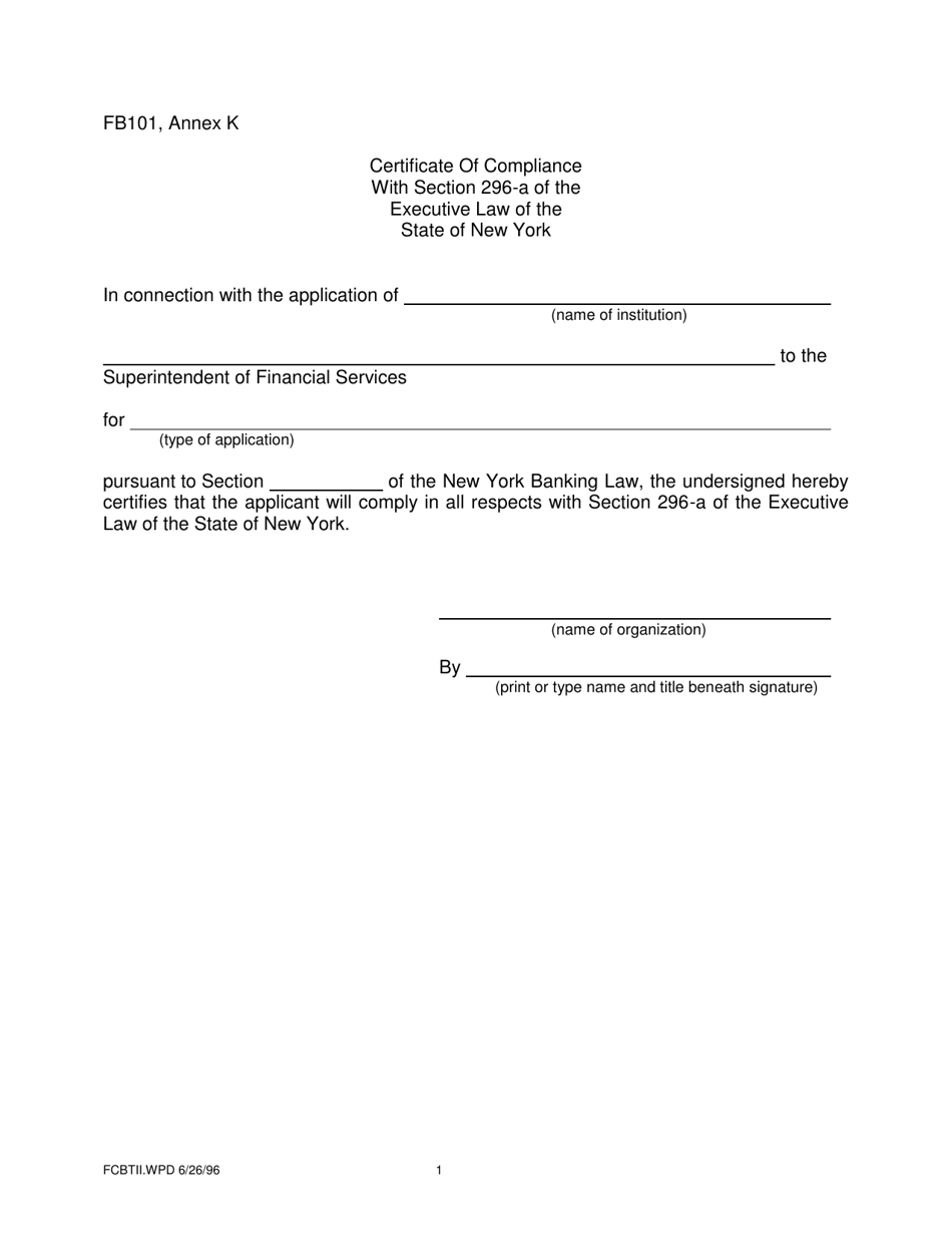 Form FB101 Annex K Certificate of Compliance With Section 296-a of the Executive Law of the State of New York - New York, Page 1