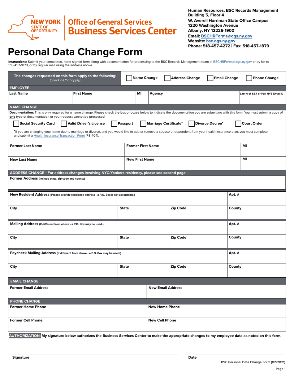 Personal Data Change Form - New York, Page 1