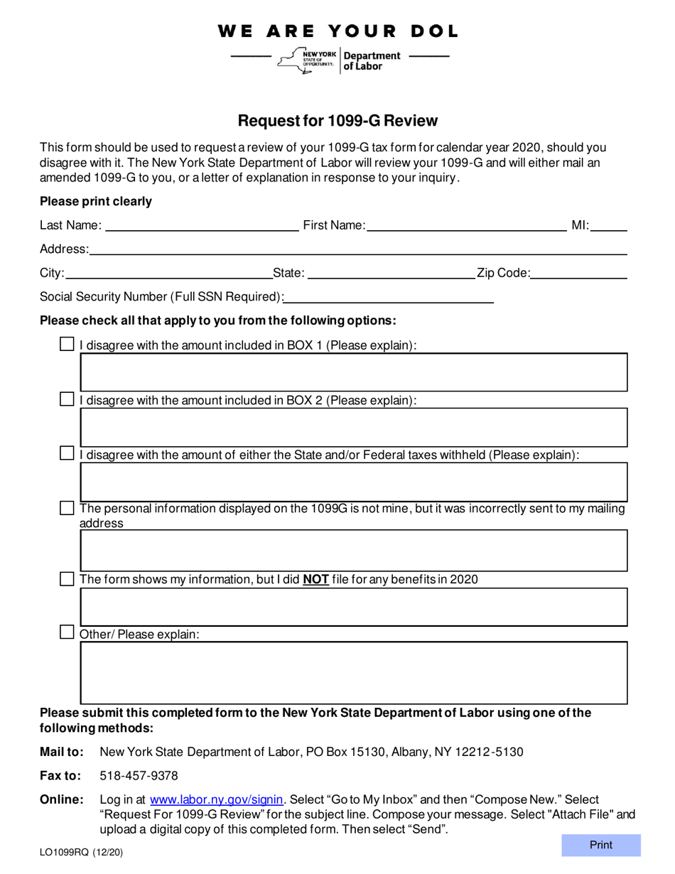 Form LO1099RQ Request for 1099-g Review - New York, Page 1