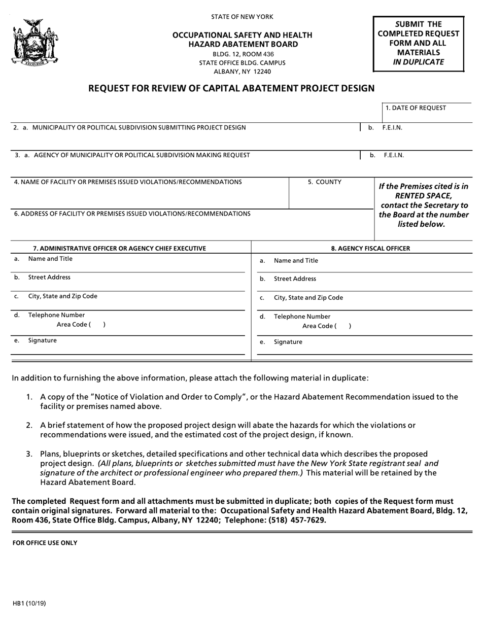 Form HB1 Request for Review of Capital Abatement Project Design - New York, Page 1