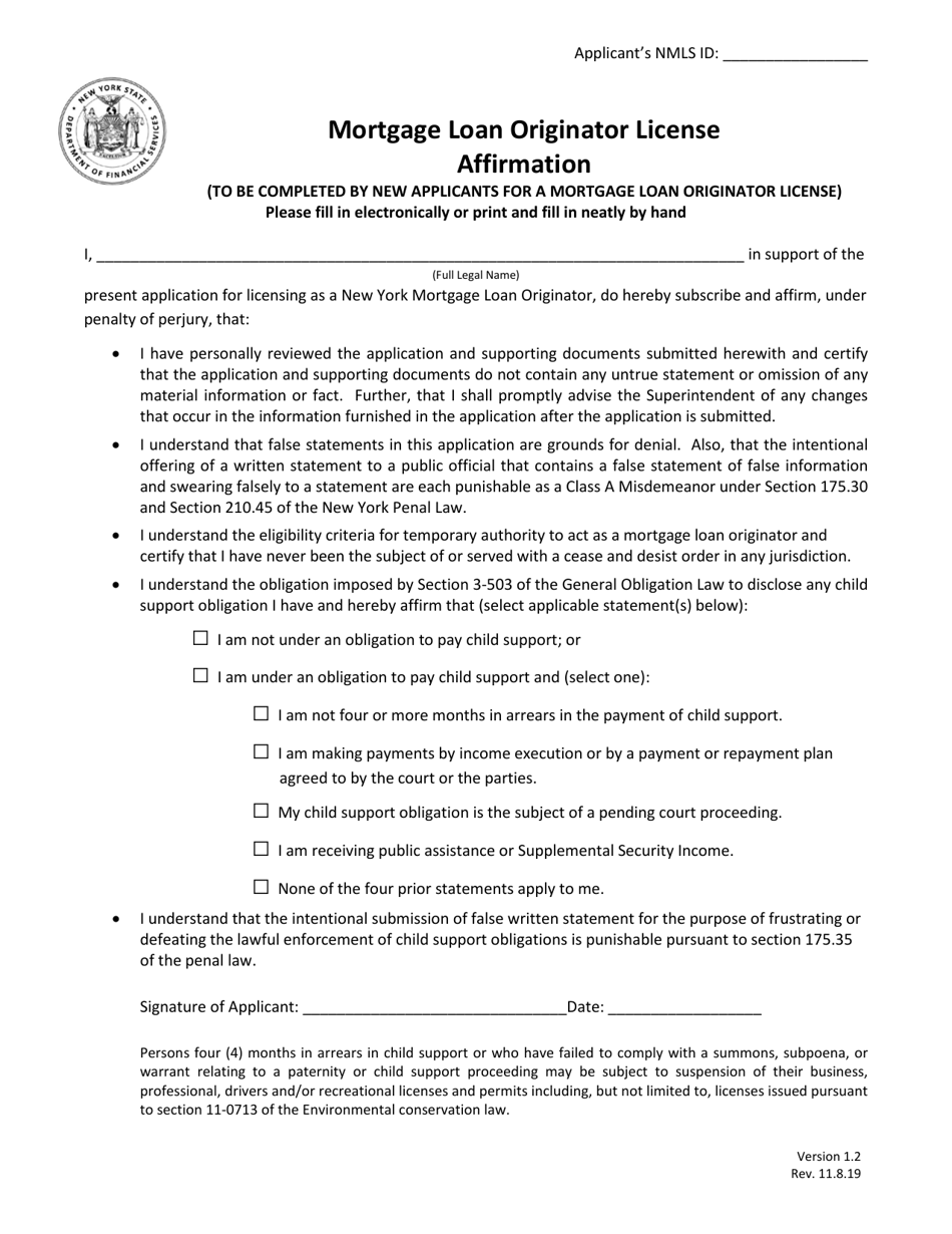 Mortgage Loan Originator License Affirmation - New York, Page 1