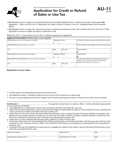 Form AU-11 Application for Credit or Refund of Sales or Use Tax - New York