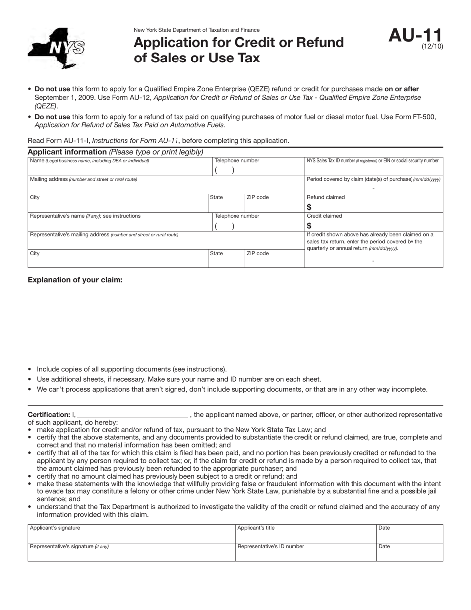 Form AU-11 Application for Credit or Refund of Sales or Use Tax - New York, Page 1