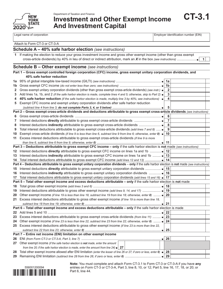 Form CT-3.1 Investment and Other Exempt Income and Investment Capital - New York, Page 1