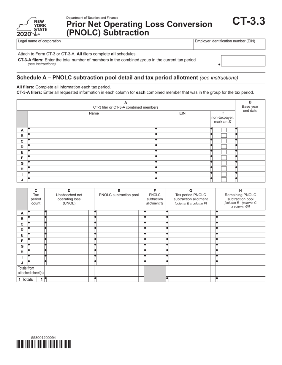 Form CT-3.3 Prior Net Operating Loss Conversion (Pnolc) Subtraction - New York, Page 1