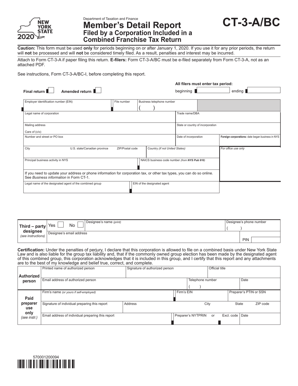Form CT-3-A / BC Members Detail Report - Filed by a Corporation Included in a Combined Franchise Tax Return - New York, Page 1