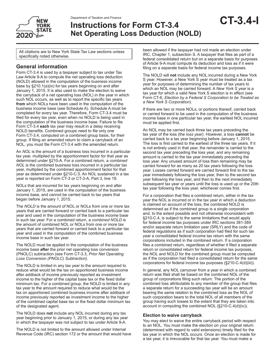 Instructions for Form CT-3.4 Net Operating Loss Deduction (Nold) - New York, Page 1