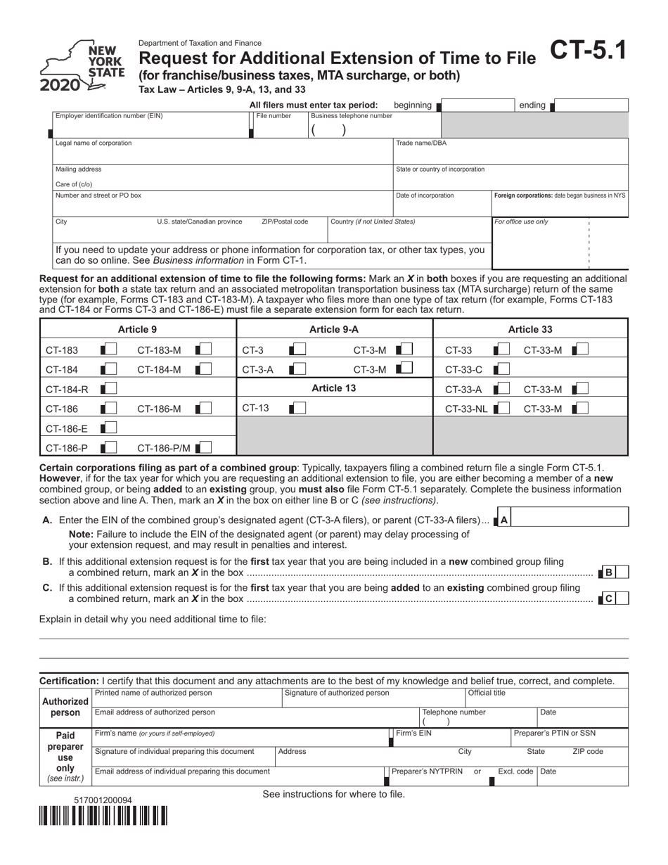 Form CT-5.1 Request for Additional Extension of Time to File (For Franchise / Business Taxes, Mta Surcharge, or Both) - New York, Page 1