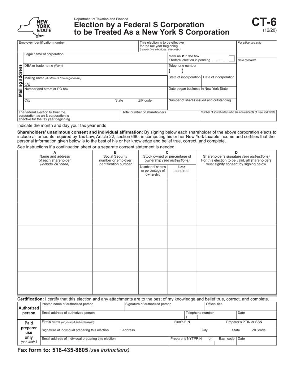 Form CT-6 Election by a Federal S Corporation to Be Treated as a New York S Corporation - New York, Page 1