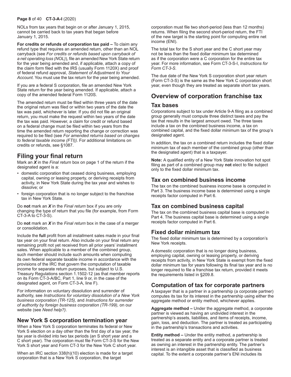 Instructions for Form CT-3-A General Business Corporation Combined Franchise Tax Return - New York, Page 8