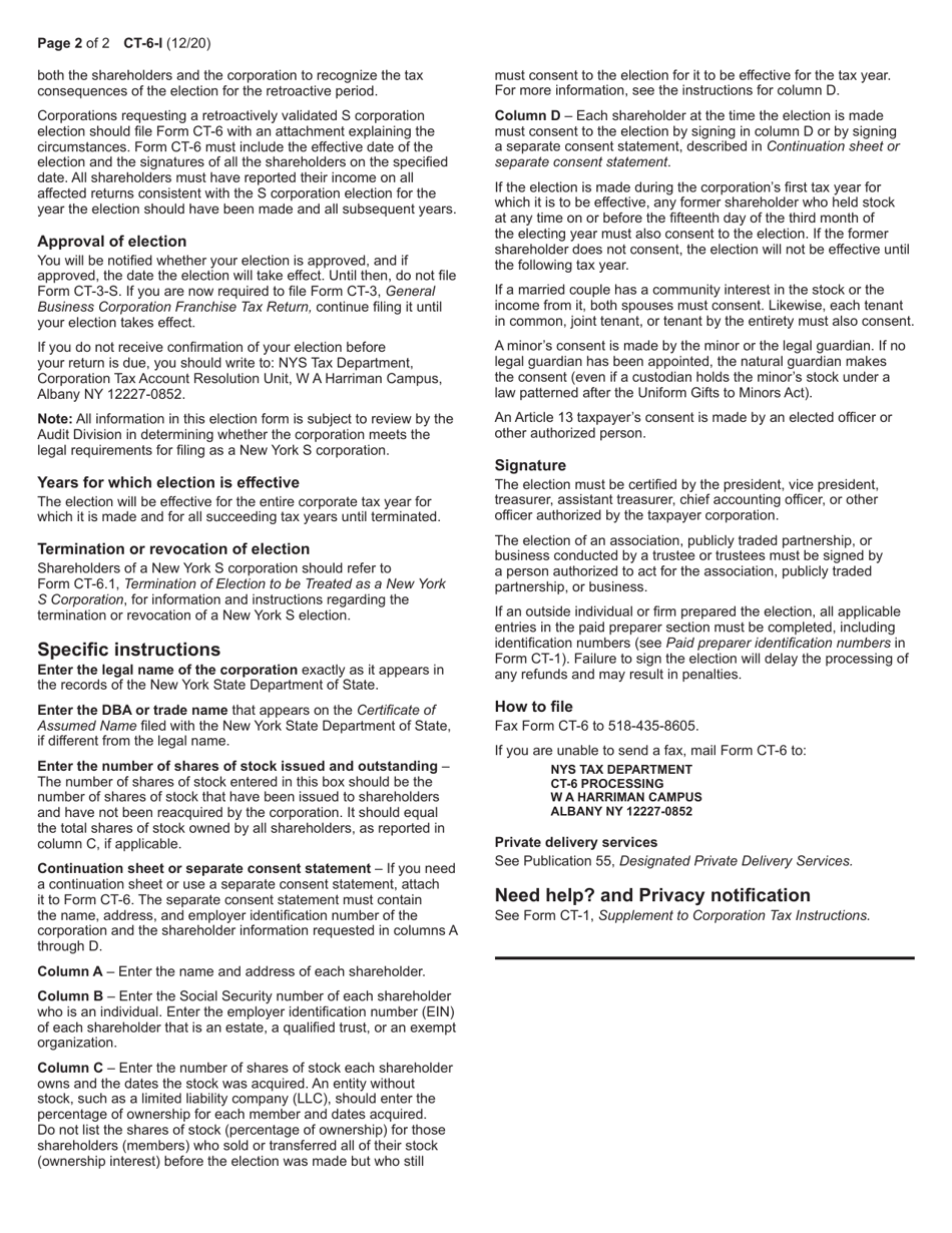 Download Instructions For Form Ct-6 Election By A Federal S Corporation 