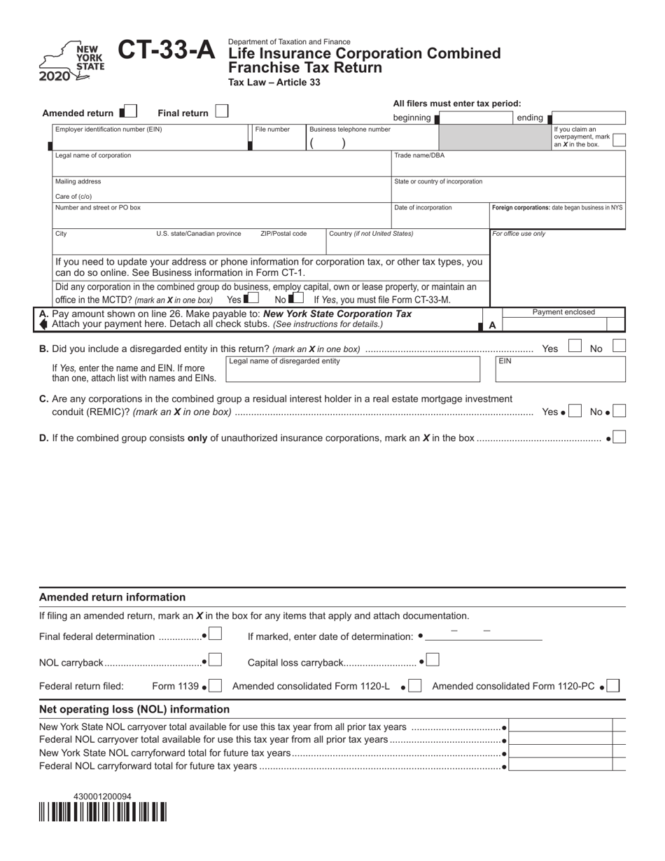 Form CT-33-A Life Insurance Corporation Combined Franchise Tax Return - New York, Page 1