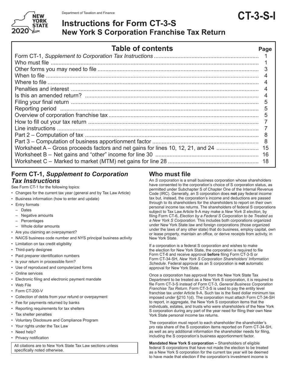 Instructions for Form CT-3-S New York S Corporation Franchise Tax Return - New York, Page 1