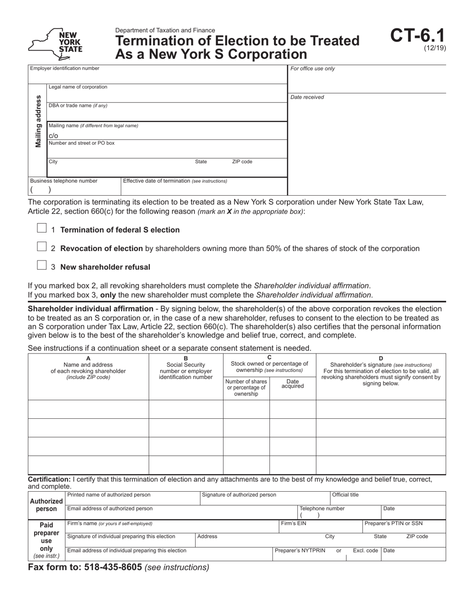Form CT-6.1 Termination of Election to Be Treated as a New York S Corporation - New York, Page 1