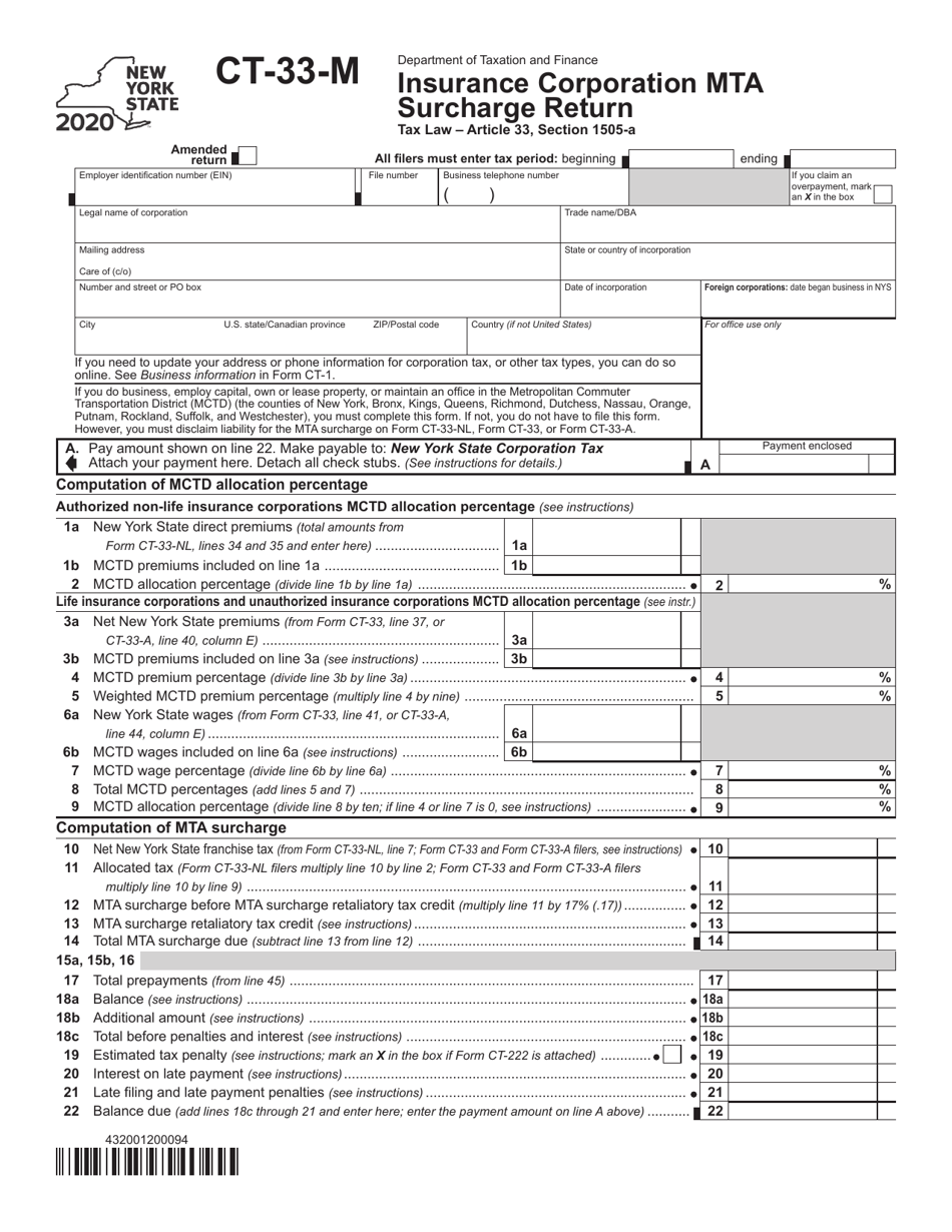 Form CT-33-M Insurance Corporation Mta Surcharge Return - New York, Page 1