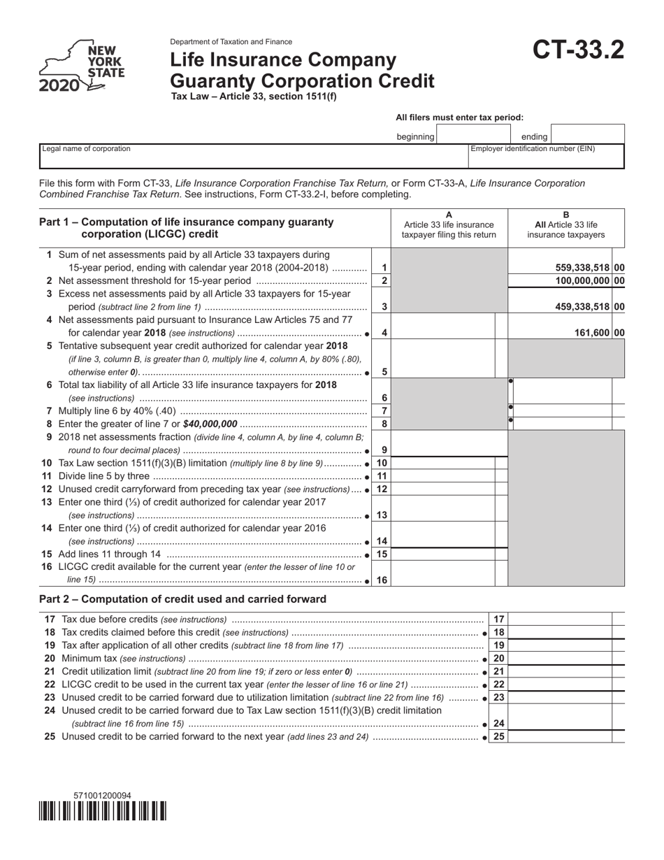Form CT-33.2 Life Insurance Company Guaranty Corporation Credit - New York, Page 1