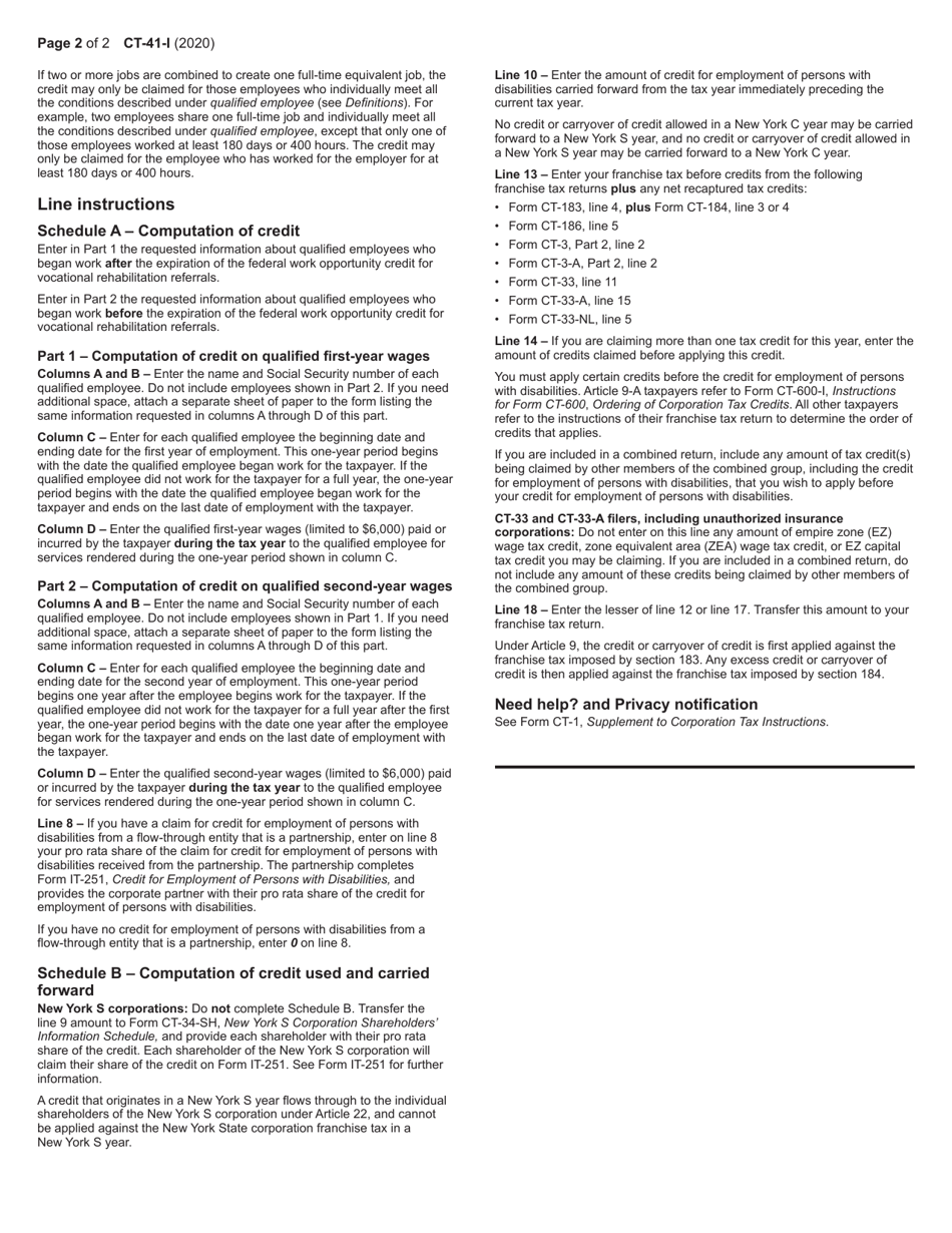 Instructions for Form CT-41 Claim for Credit for Employment of Persons With Disabilities - New York, Page 2