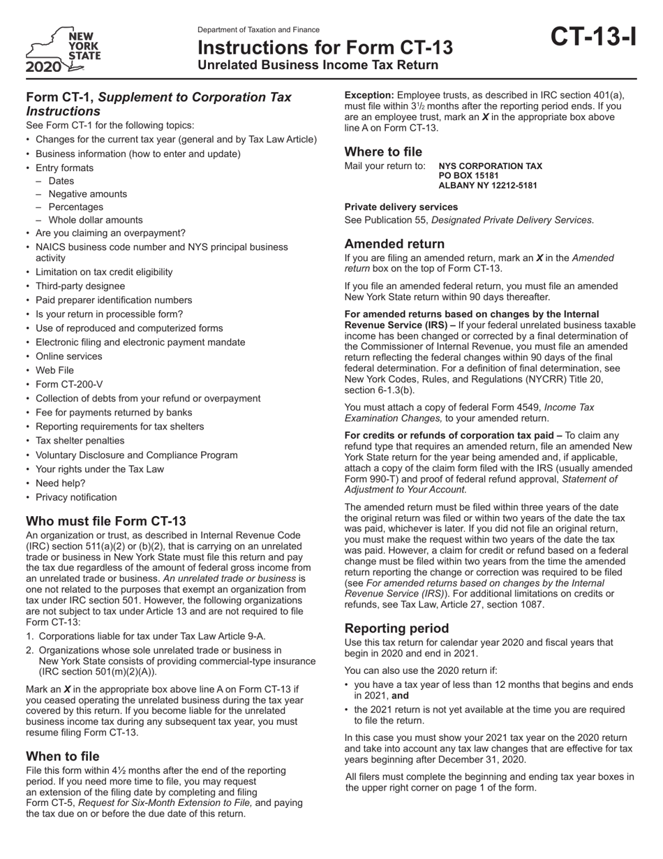 Instructions for Form CT-13 Unrelated Business Income Tax Return - New York, Page 1