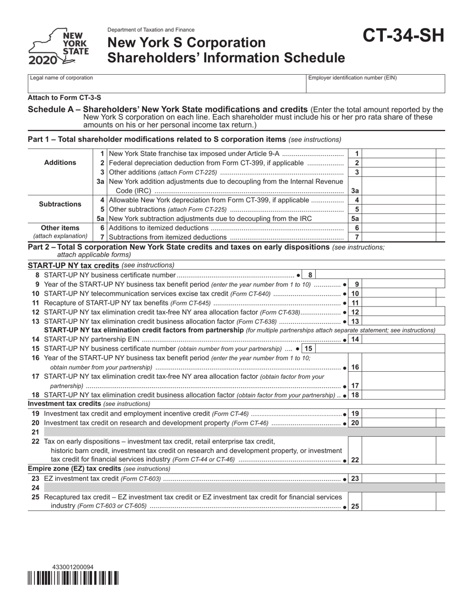 Form CT-34-SH New York S Corporation Shareholders Information Schedule - New York, Page 1