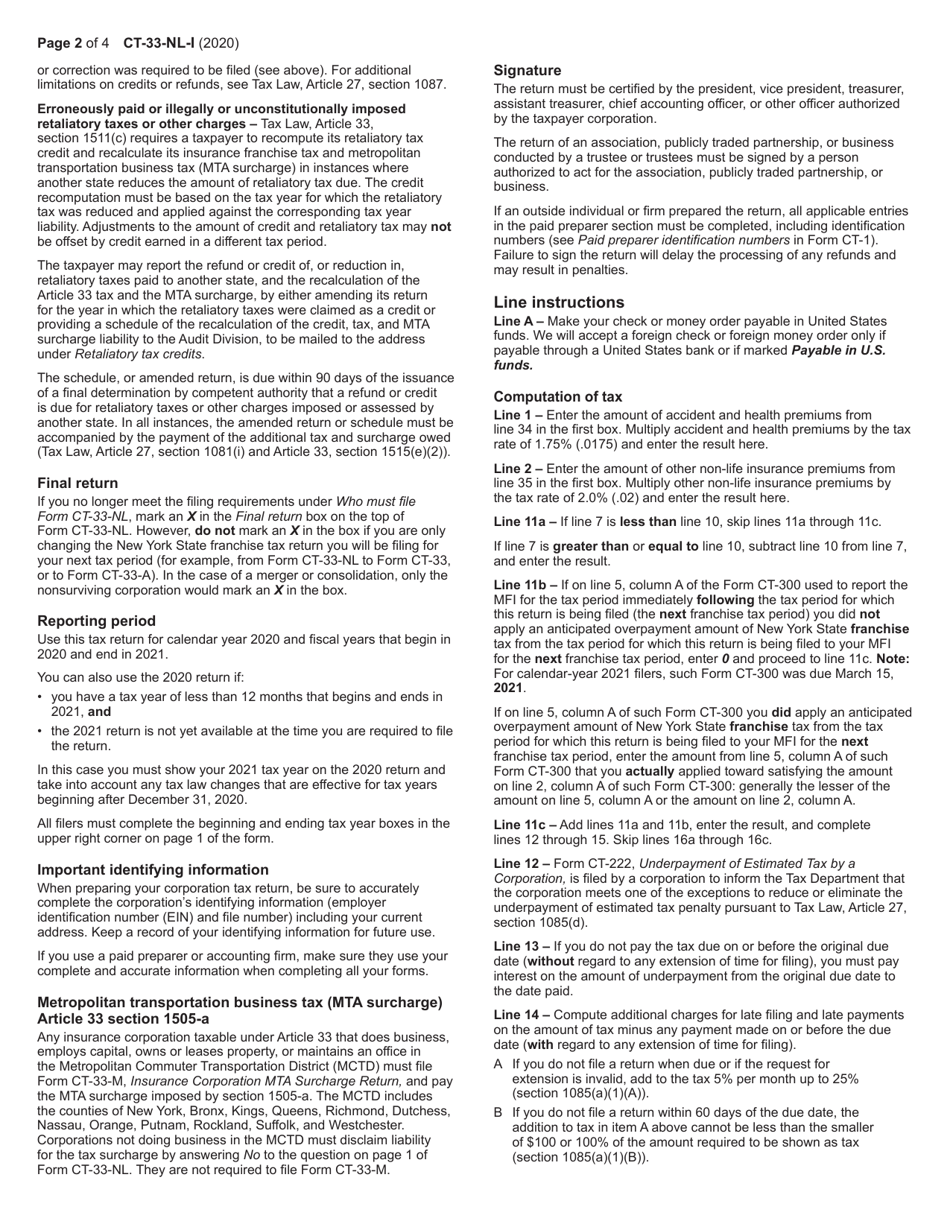 Instructions for Form CT-33-NL Non-life Insurance Corporation Franchise Tax Return - New York, Page 2