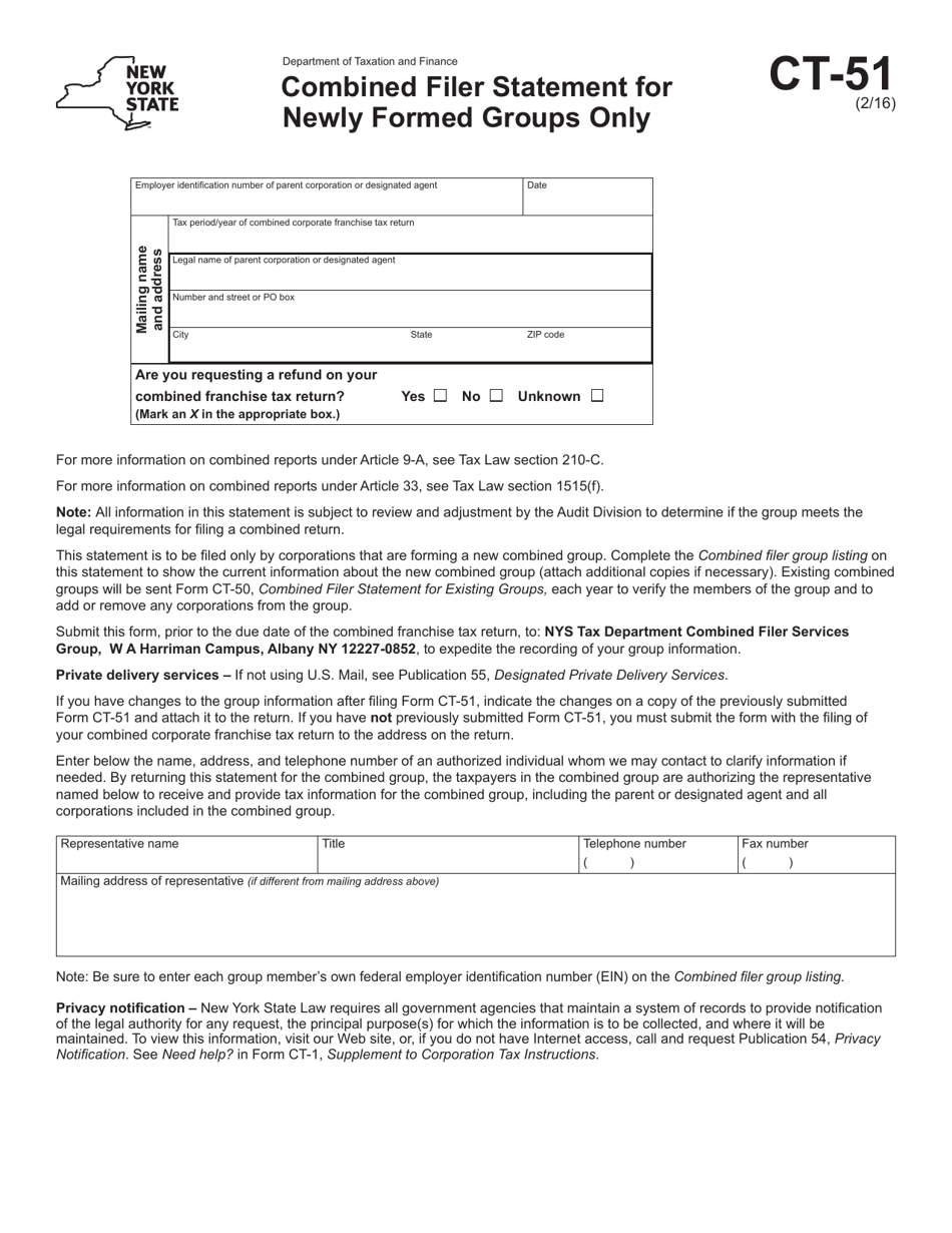 Form CT-51 Combined Filer Statement for Newly Formed Groups Only - New York, Page 1