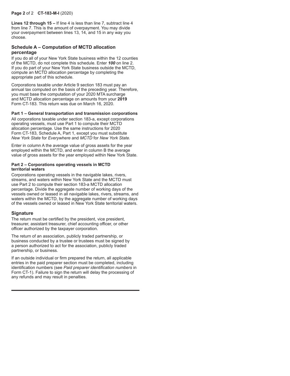 Instructions for Form CT-183-M Transportation and Transmission Corporation Mta Surcharge Return - New York, Page 2