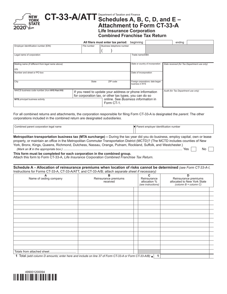 Form CT-3-A / ATT Schedule A, B, C, D, E Life Insurance Corporation Combined Franchise Tax Return - New York, Page 1