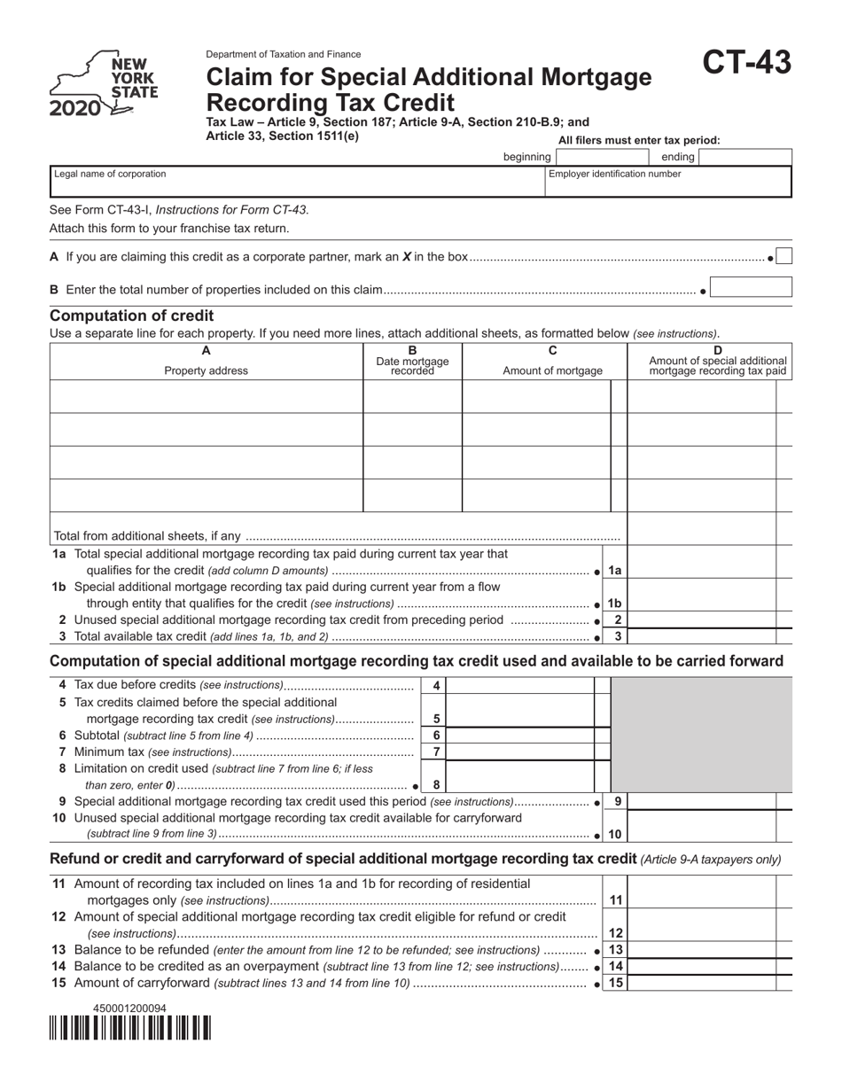 Form CT-43 Claim for Special Additional Mortgage Recording Tax Credit - New York, Page 1