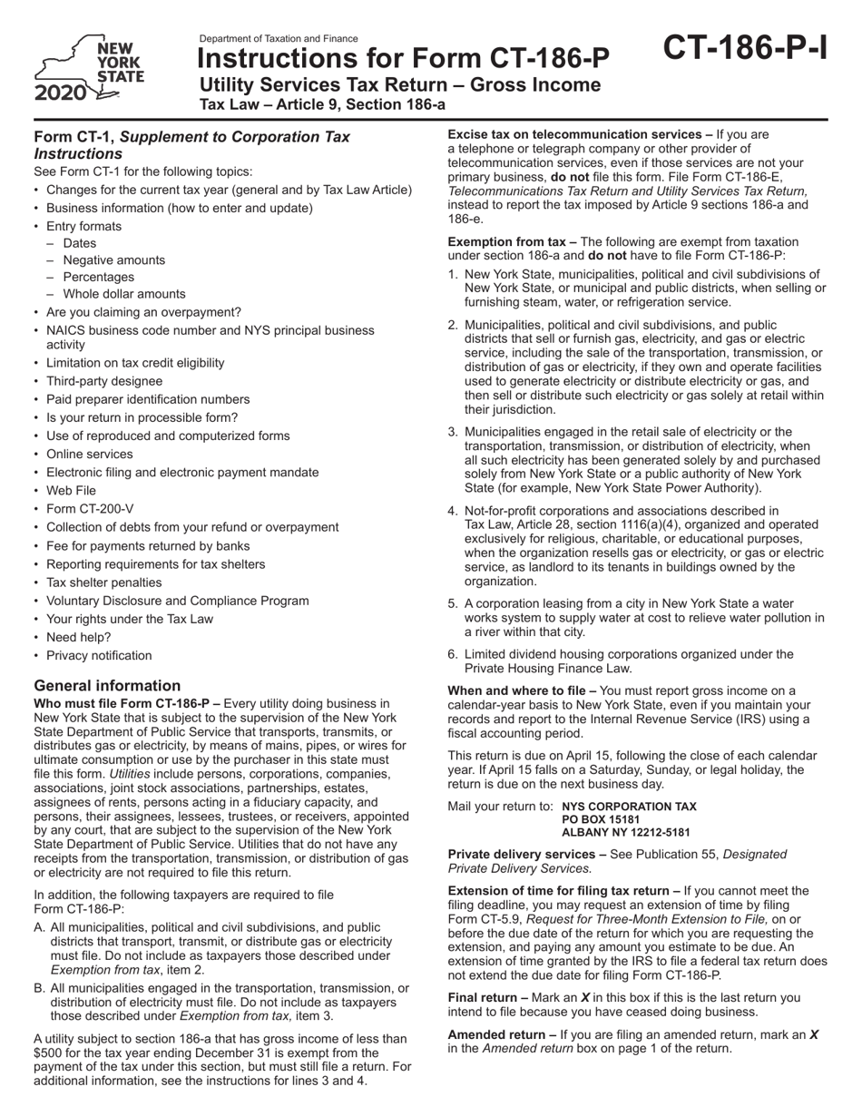 Instructions for Form CT-186-P Utility Services Tax Return - Gross Income - New York, Page 1